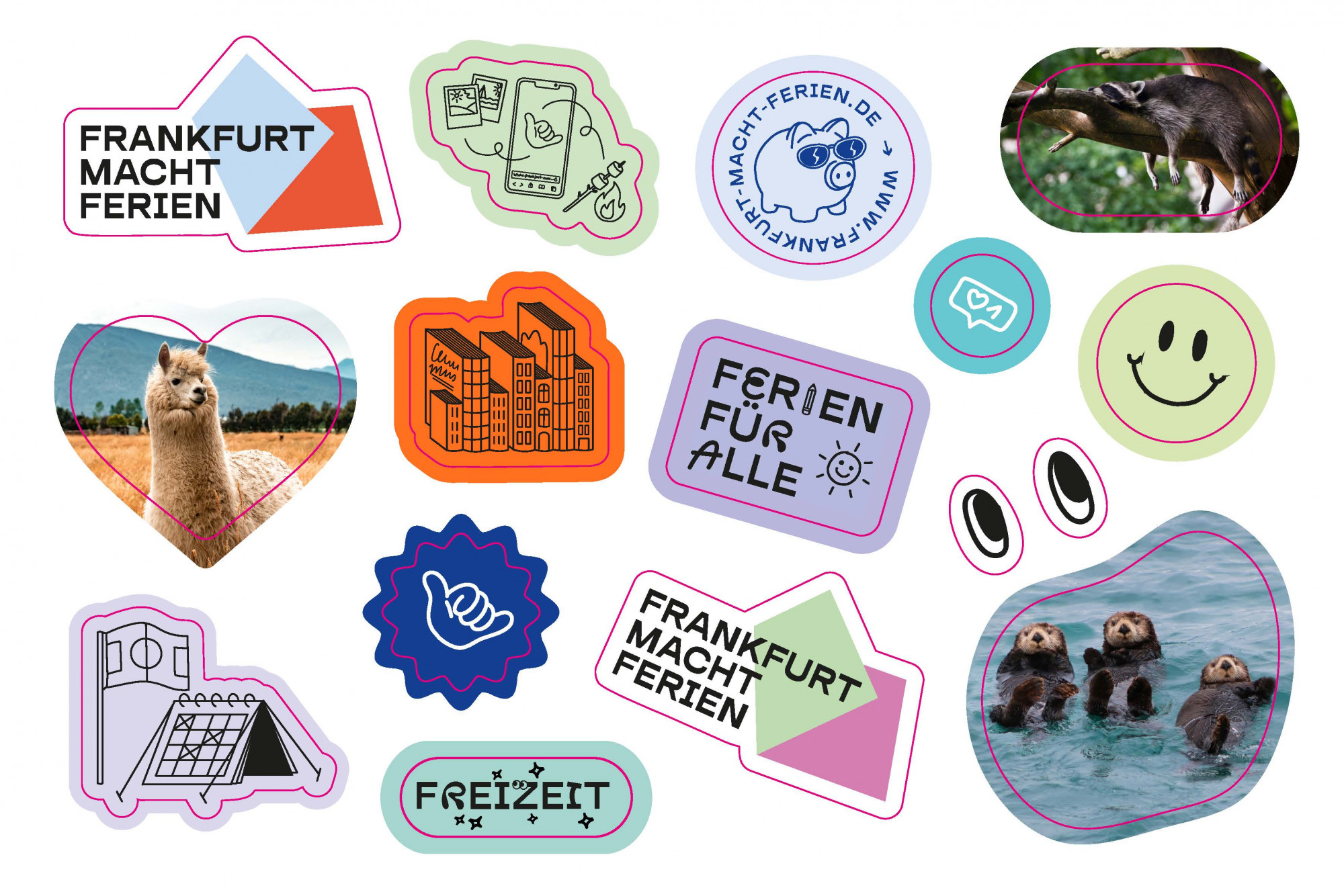 Verschiedene Sticker zum Thema Ferien, gute Laune und Tiere.